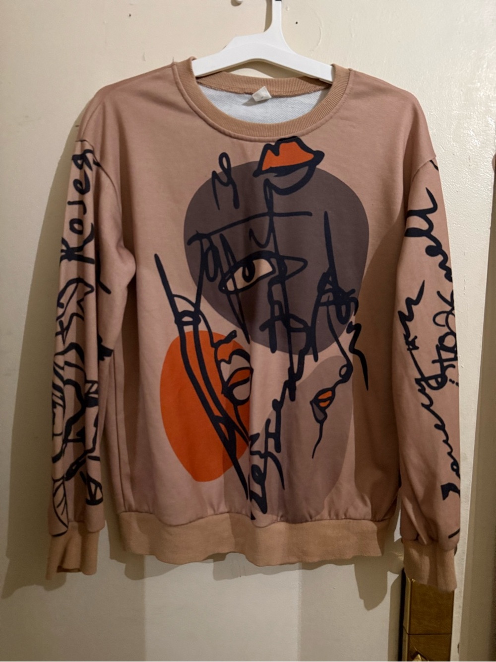 SHEIN Beige Graphic Crewneck Sweatshirt with Orange and Black Accents
